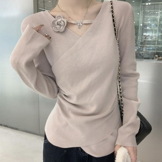 Long-Sleeve V-Neck Plain Asymmetrical Floral Accent Slim Fit Knit Top