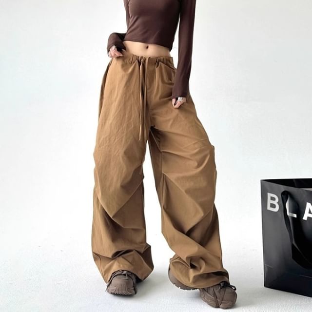Drawstring Waist Plain Ruched Baggy Cargo Pants