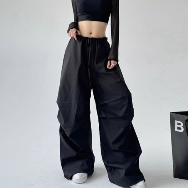 Drawstring Waist Plain Ruched Baggy Cargo Pants