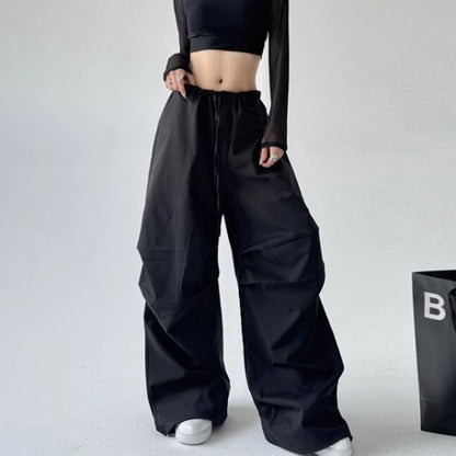 Drawstring Waist Plain Ruched Baggy Cargo Pants