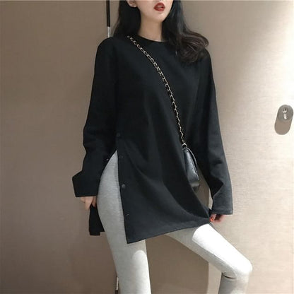 Long Sleeve Crew Neck Plain Button Slit Tee