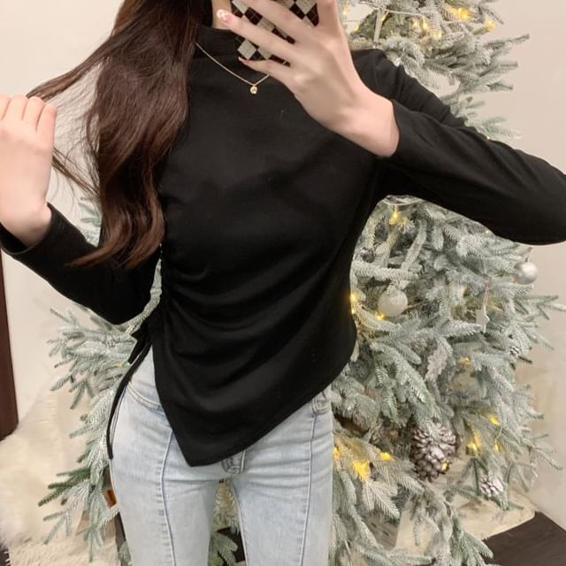 Long Sleeve Mock Neck Plain Drawstring Top