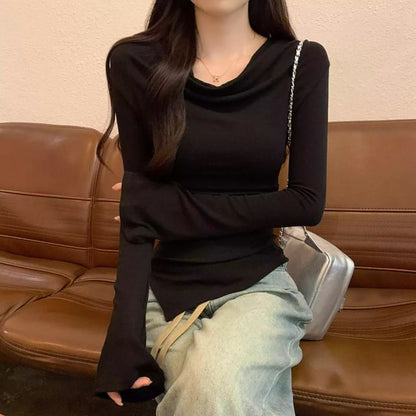 Long Sleeve Cowl Neck Plain Asymmetrical Top