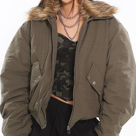 Faux Fur Collar Zip Puffer Jacket
