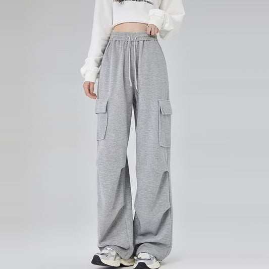 High Rise Plain Ruched Wide Leg Cargo Sweatpants