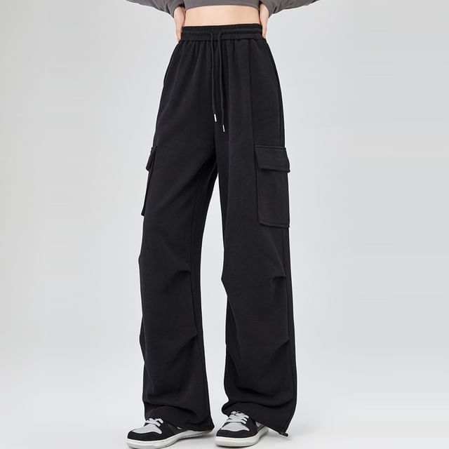 High Rise Plain Ruched Wide Leg Cargo Sweatpants