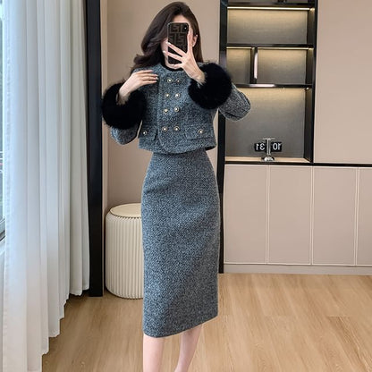 Set: Fluffy Cuff Round Neck Quilted Lining Tweed Double Breasted Jacket + High Rise Midi Pencil Skirt