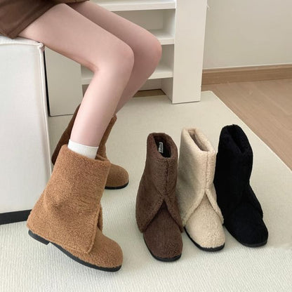 Low Heel Plain Fleece Short Boots