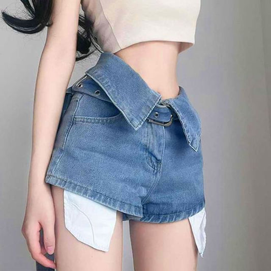 High Waist Belted Plain Denim Shorts