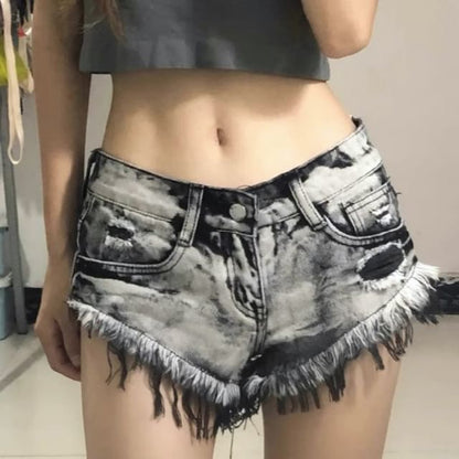Low Rise Distressed Washed Denim Shorts