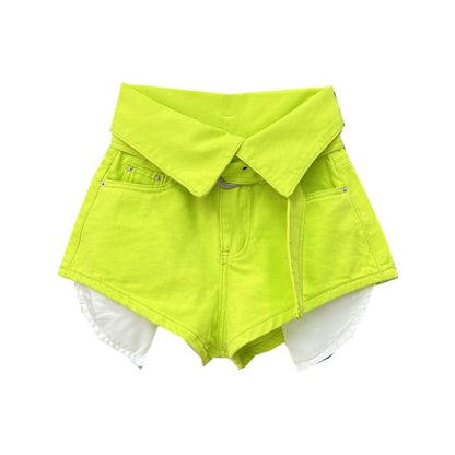 High Waist Belted Plain Denim Shorts