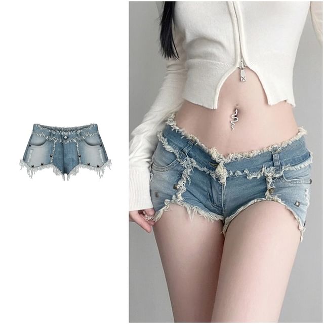 Low Waist Distressed Washed Denim Shorts