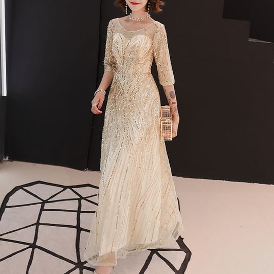 Neck Sequin Gown Elbow-Sleeve A-Line Evening Round