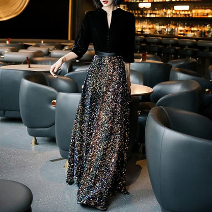 Gown Designs) Neck (Various Sequin 3/4-Sleeve Evening Notch Panel