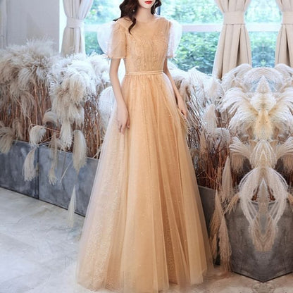 Evening Gown Mesh Short-Sleeve Sequin A-Line