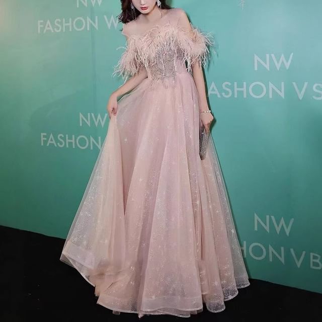 Gown Mesh Trim Sequin / Evening Dress A-Line Midi Off-Shoulder Fluffy