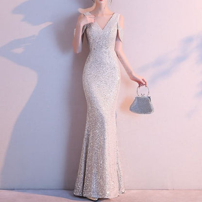 Cold-Shoulder Sequin Mermaid V-Neck Cap-Sleeve Gown Evening