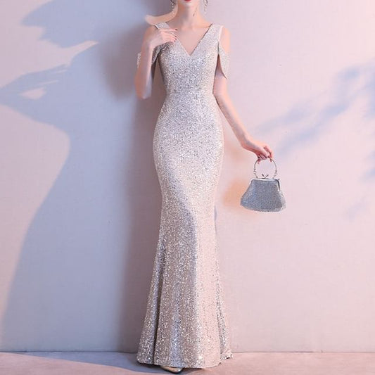 Cold-Shoulder Sequin Mermaid V-Neck Cap-Sleeve Gown Evening