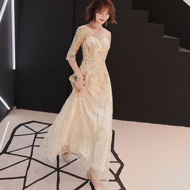 Neck Sequin Gown Elbow-Sleeve A-Line Evening Round