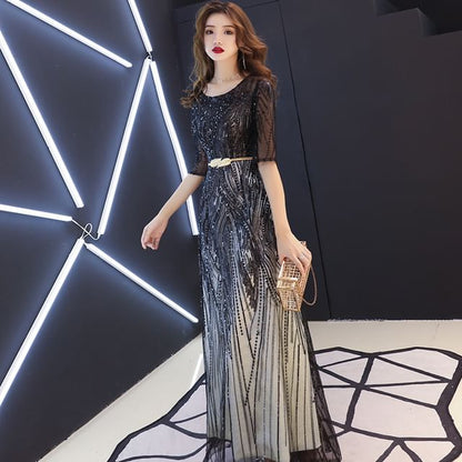 Neck Sequin Gown Elbow-Sleeve A-Line Evening Round