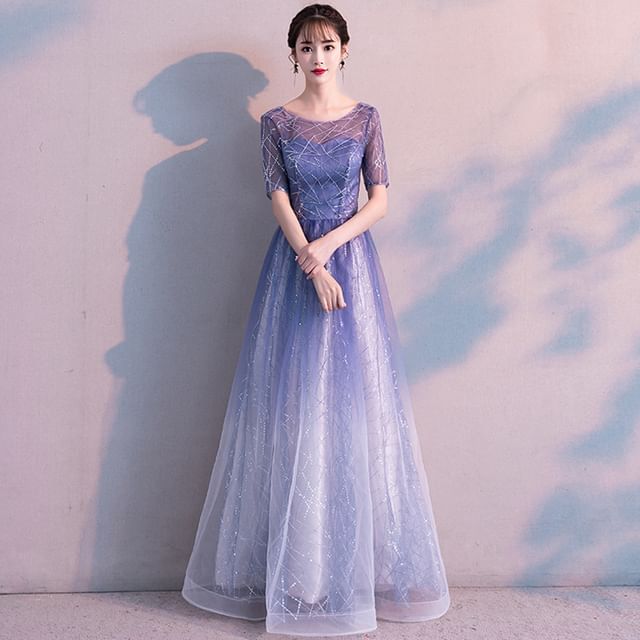 Short-Sleeve Round Neck Gradient Sequin A-Line Evening Gown / Midi Dress