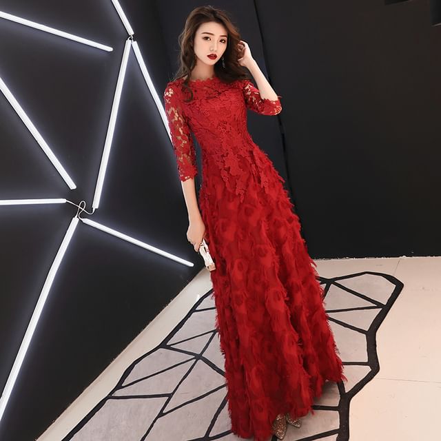 A-Line / Fringed Lace 3/4-Sleeve Midi Evening Neck Round Dress Gown