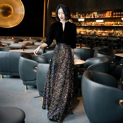 Gown Designs) Neck (Various Sequin 3/4-Sleeve Evening Notch Panel