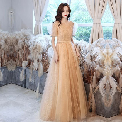 Evening Gown Mesh Short-Sleeve Sequin A-Line