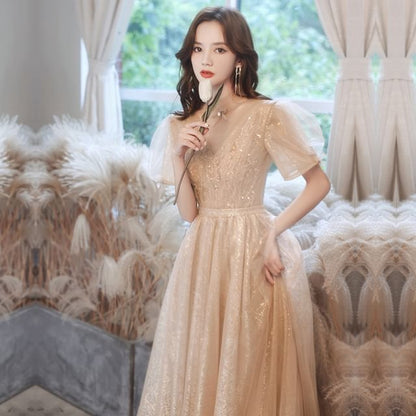 Evening Gown Mesh Short-Sleeve Sequin A-Line