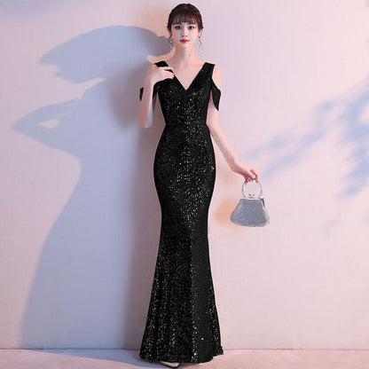 Cold-Shoulder Sequin Mermaid V-Neck Cap-Sleeve Gown Evening