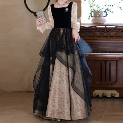 Long-Sleeve Square Neck Mesh A-Line Evening Gown