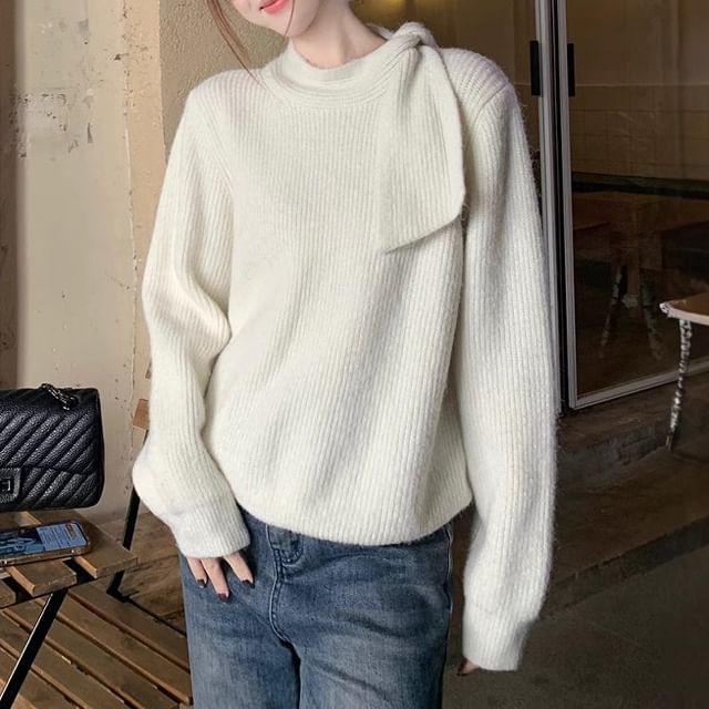 Mock Neck Plain Ribbed Knot Sweater