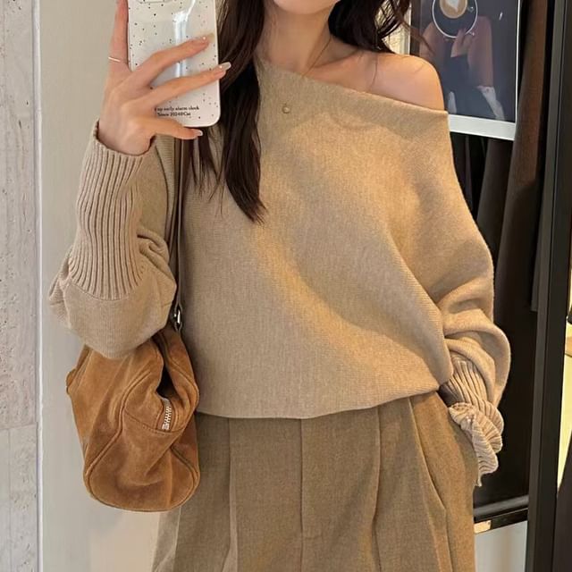 Off Shoulder Plain Sweater