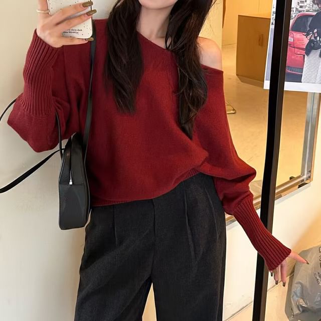 Off Shoulder Plain Sweater