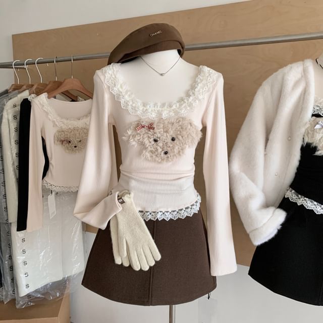 Long Sleeve Scoop Neck Cartoon Patterned Ruffle Panel Top