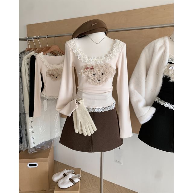 Long Sleeve Scoop Neck Cartoon Patterned Ruffle Panel Top