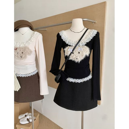 Long Sleeve Scoop Neck Cartoon Patterned Ruffle Panel Top