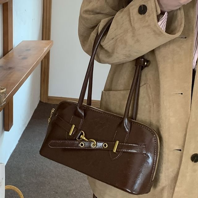 Plain Buckled Faux Leather Shoulder Bag