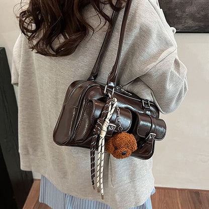 Multi-Pocket Faux Leather Tote Bag / Bag Charm / Set