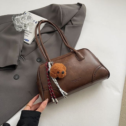 Washed Faux Leather Bowler Bag / Bag Charm / Set