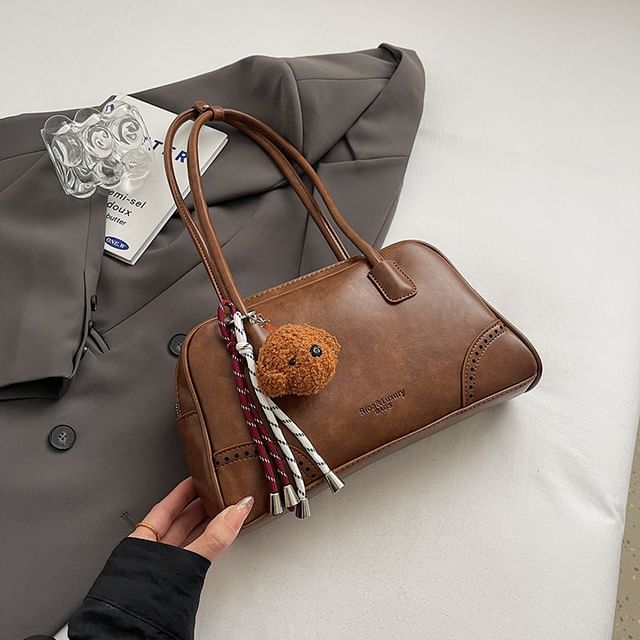 Washed Faux Leather Bowler Bag / Bag Charm / Set