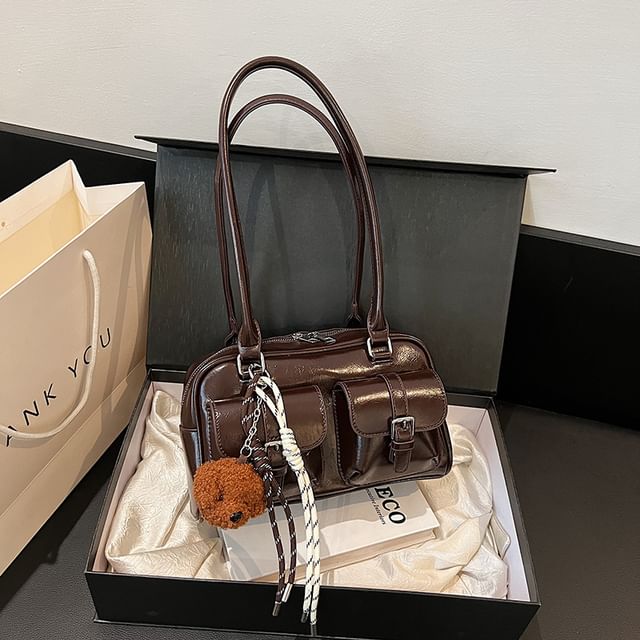 Multi-Pocket Faux Leather Tote Bag / Bag Charm / Set