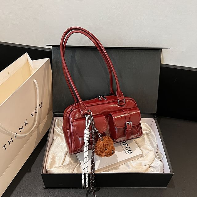 Multi-Pocket Faux Leather Tote Bag / Bag Charm / Set