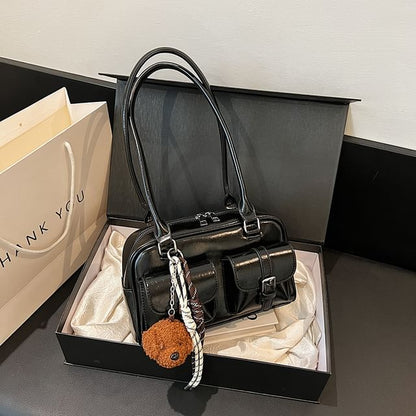 Multi-Pocket Faux Leather Tote Bag / Bag Charm / Set