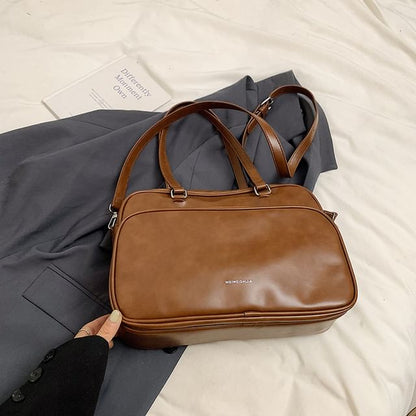 Lettering Multi-Pocket Faux Leather Tote Bag