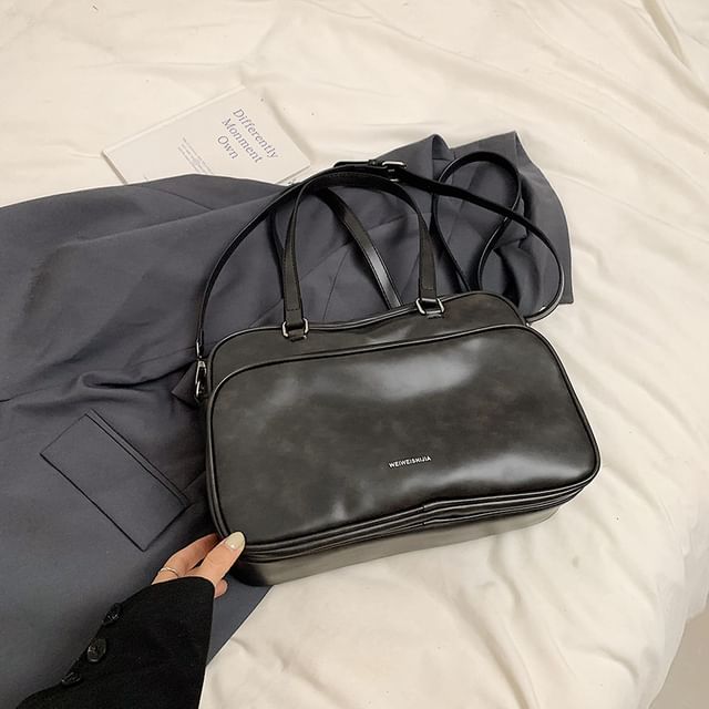 Lettering Multi-Pocket Faux Leather Tote Bag