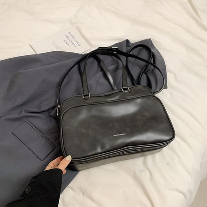 Lettering Multi-Pocket Faux Leather Tote Bag