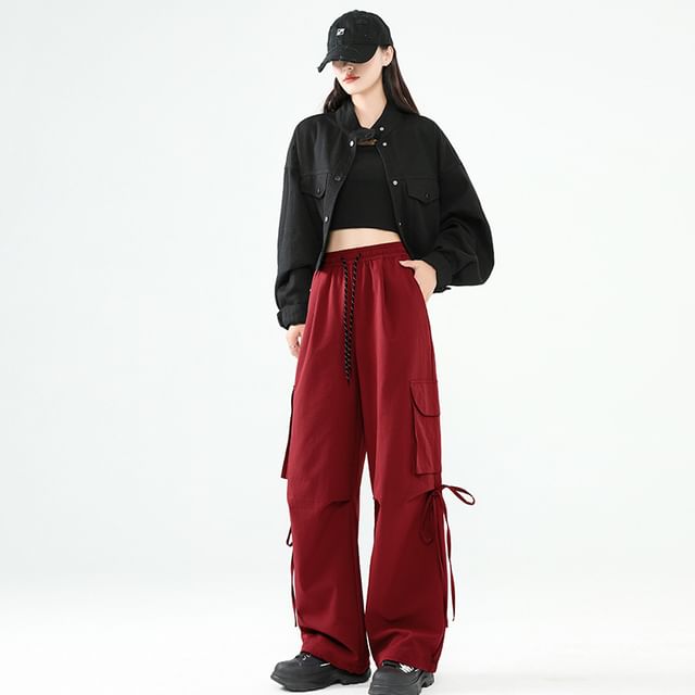 High Rise Plain Pocket Loose-Fit Wide-Leg Cargo Pants