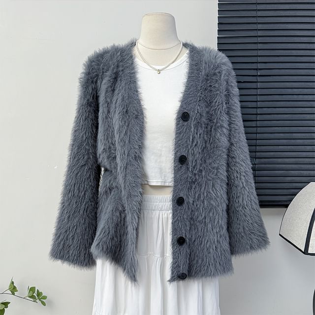 Faux-Fur V-Neck Cardigan