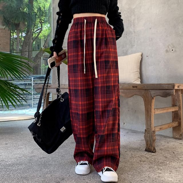 Drawstring Waist Plaid Wide Leg Pants